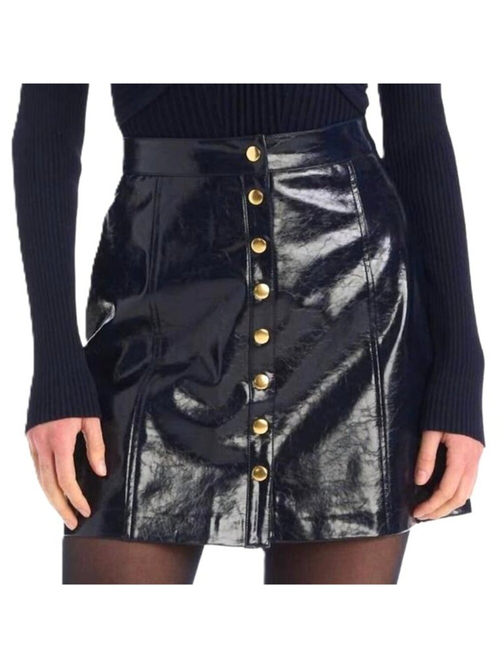 Allison New York Carla Mini Skirt Faux Leather Midnight Blue Gold Buttons Medium